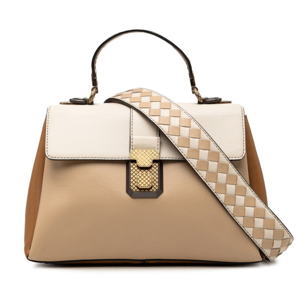 Bottega Veneta Small Piazza Handbag Shoulder Bag 2-Way Beige Brown White Leat...